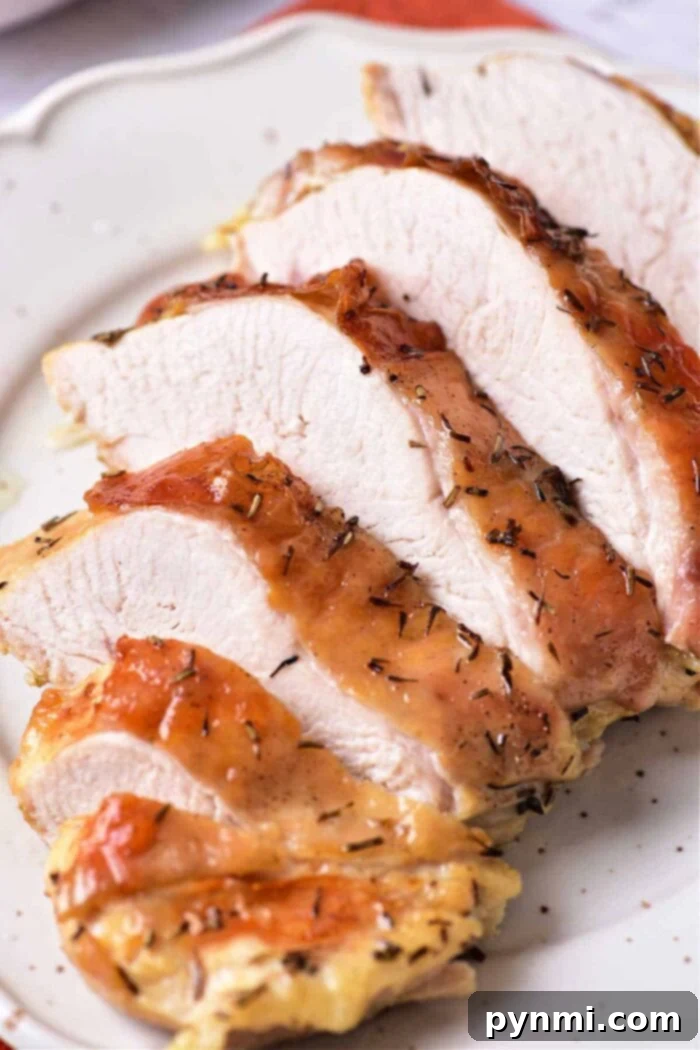 Mastering Turkey Breast Confit 2 Sliced roasted turkey confit breast with a crispy, seasoned skin on a white plate. The meat appears moist and tender, with visible seasonings on the golden-brown crust.
