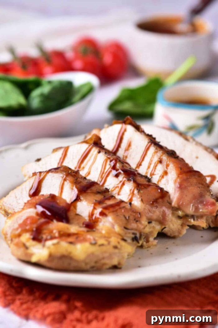 Mastering Turkey Breast Confit 6 A white plate with slices of cooked, seasoned turkey breast drizzled with sauce. The plate rests on an orange cloth. In the background, there is a bowl of spinach leaves, a bunch of tomatoes, and a cup of sauce.