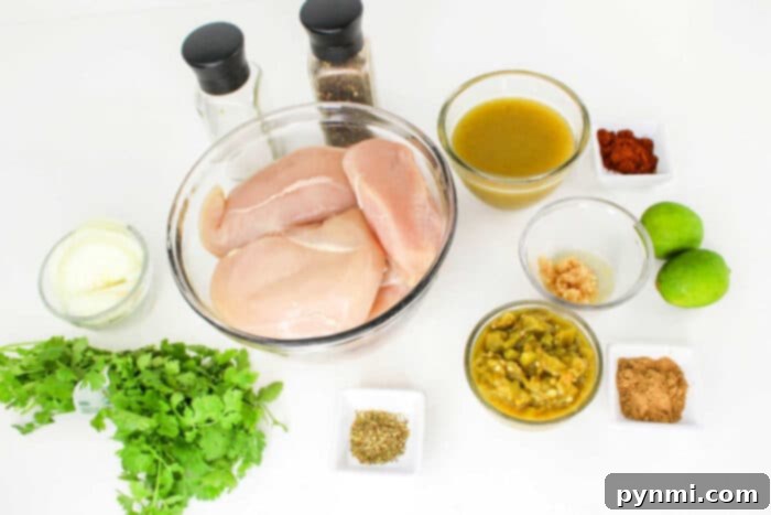 Zesty Green Chili Slow Cooker Chicken 3 Raw chicken breasts and green chiles ready for the slow cooker.
