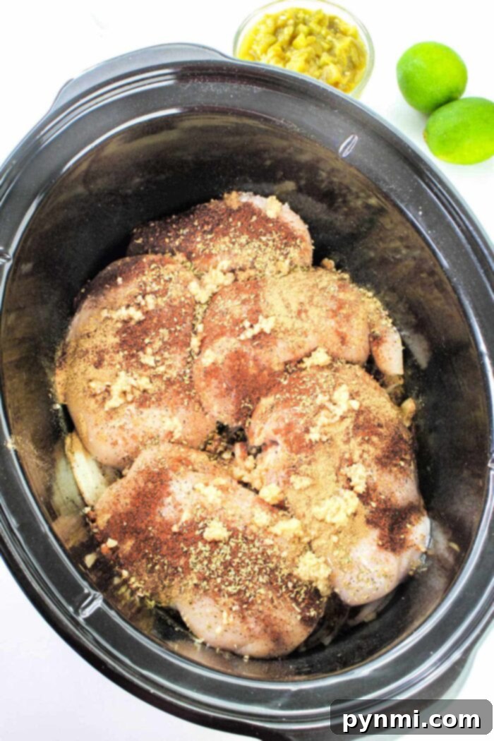 Zesty Green Chili Slow Cooker Chicken 5 Close-up of boneless, skinless chicken breasts cooking in a slow cooker, demonstrating the ideal tenderness for shredding.