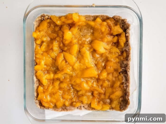 Close-up of freshly baked peach crumb bars in a square pan, showing the juicy peach filling and golden streusel topping.