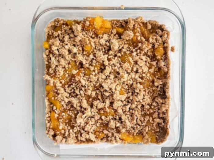 Delicious Peach Bars made with frozen peaches, showcasing a perfectly baked crumble top and sweet fruit filling.