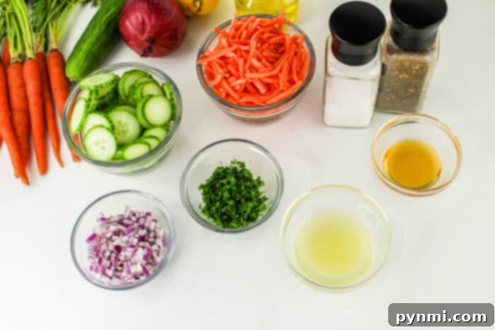 Refreshing Carrot Cucumber Salad 3 An image of assorted Carrot and Cucumber Salad ingredients and seasonings on a white surface. Items include chopped cucumbers, julienned carrots, chopped red onions, parsley, lemon juice, olive oil, and containers of salt and pepper. Additional whole vegetables are nearby.