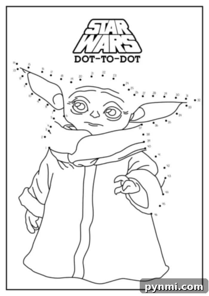Free Connect the Dots Printables 2 A "Star Wars" themed dot-to-dot activity page featuring the outline of a character wearing a robe. The character has large eyes, long ears, and is holding its hand up. The Dot to Dot Printables Free sheet has numbered dots from 1 to 44, guiding the user to complete the drawing.