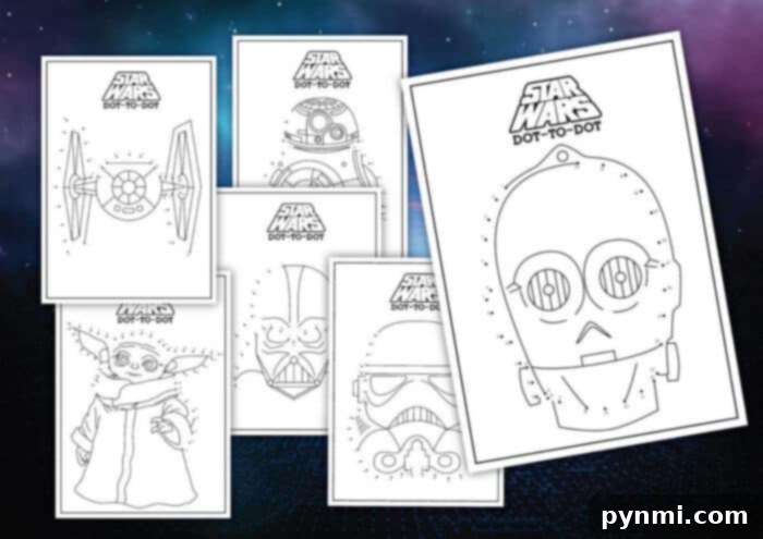 Free Connect the Dots Printables 4 Six free "Star Wars" themed dot-to-dot coloring pages are arranged on a galaxy-themed background. The pages feature characters and items such as a TIE fighter, Yoda, a stormtrooper helmet, C-3PO, and another figure. Each page proudly displays the "Star Wars Dot-to-Dot" title for your enjoyment.