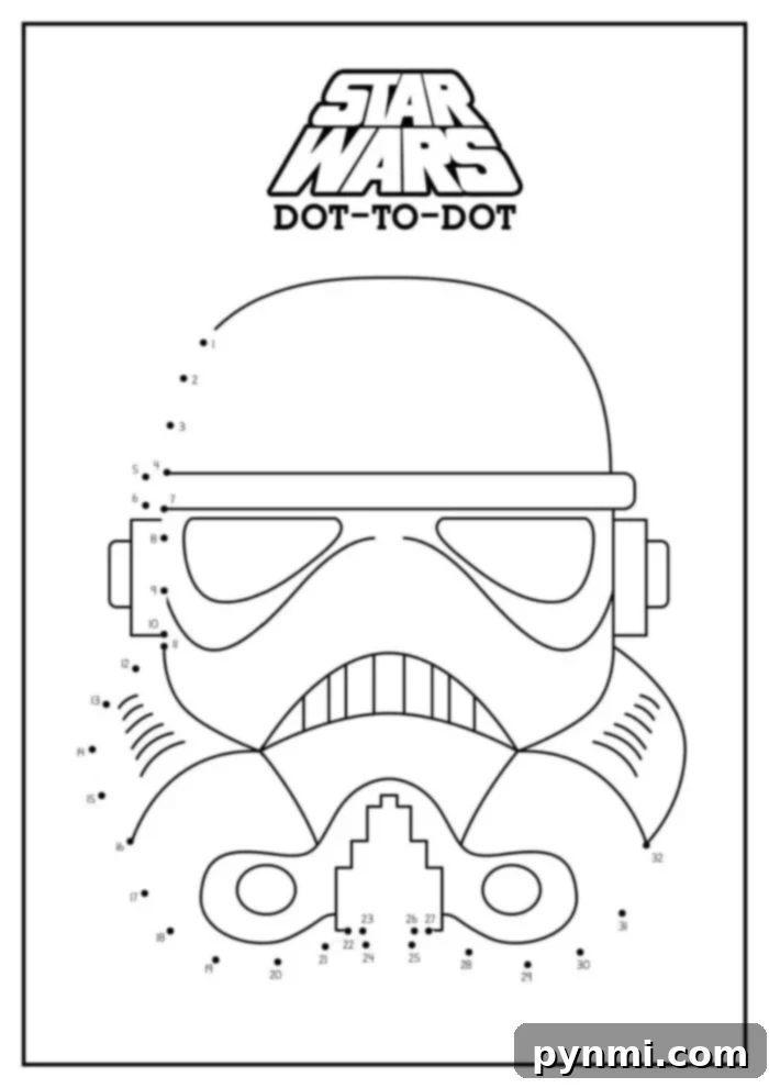 Free Connect the Dots Printables 5 A Star Wars-themed dot-to-dot activity featuring the outline of a Stormtrooper helmet, available as one of our Dot to Dot Printables Free for download.