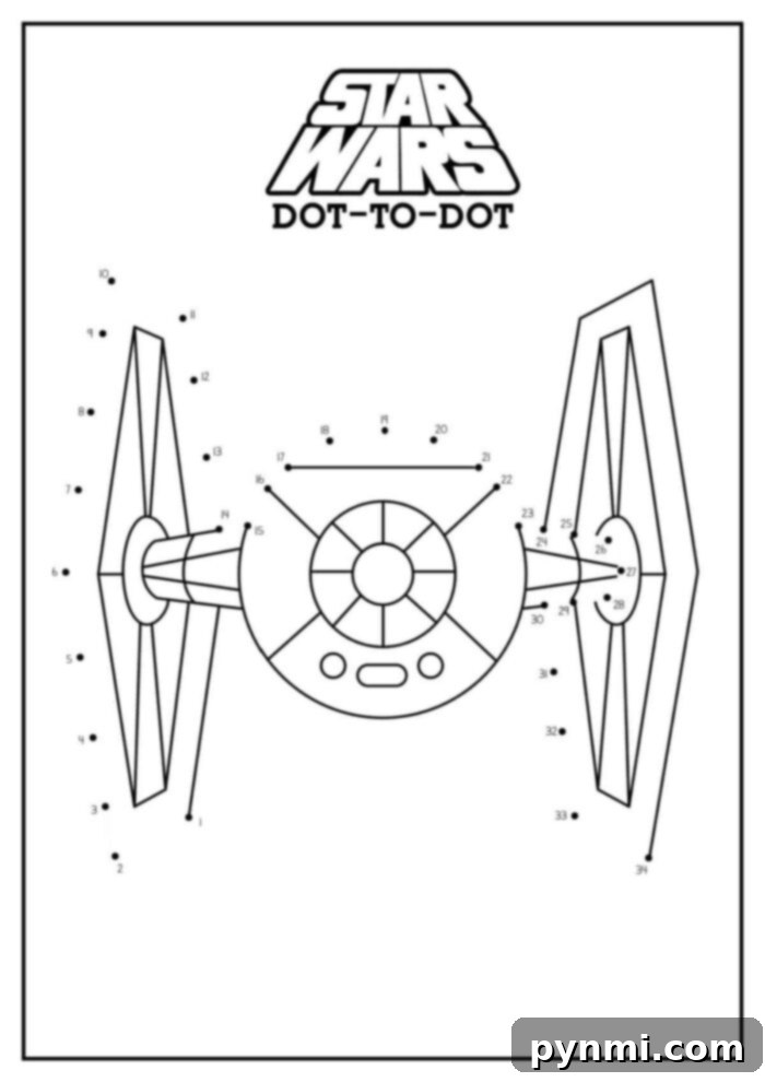 Free Connect the Dots Printables 6 A dot-to-dot puzzle featuring a TIE Fighter from Star Wars. The image, labeled