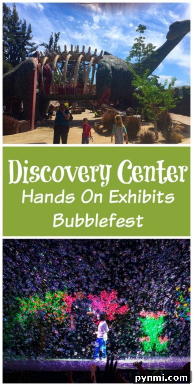 Experience the awe-inspiring Dinosaur and Bubblefest exhibits at Discovery Cube OC in Santa Ana, a leading Southern California children's science museum. At the Discovery Science Center Santa Ana, a towering dinosaur sculpture and the vibrant Bubblefest exhibit illuminate the space with dynamic lights, creating an interactive wonderland for visitors of all ages.