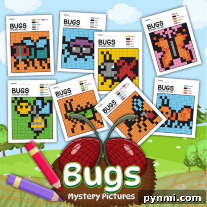 An image of seven "Bugs and Insects Coloring Pages" color-by-number worksheets displayed in a playful, nature-themed background with hills, trees, and blue skies. The worksheets feature pixelated images of various bugs. Text at the bottom reads "Bugs Mystery Pictures.