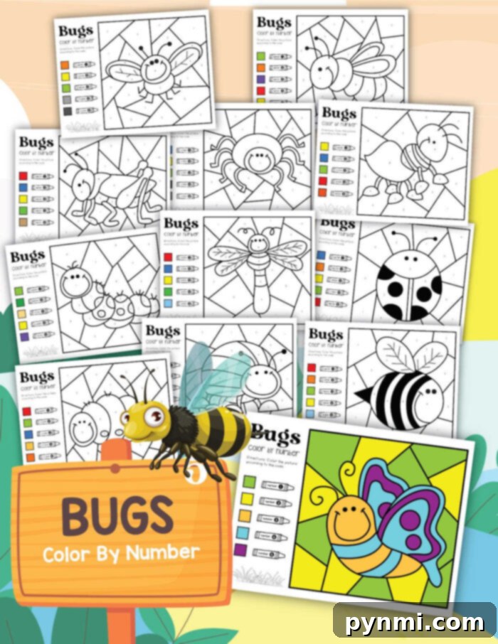 A collection of "Bugs and Insects Coloring Pages" featuring various insects with corresponding color guides. A wooden sign with a bee graphic reads "BUGS Color By Number." An example colored butterfly page is shown in the bottom right.