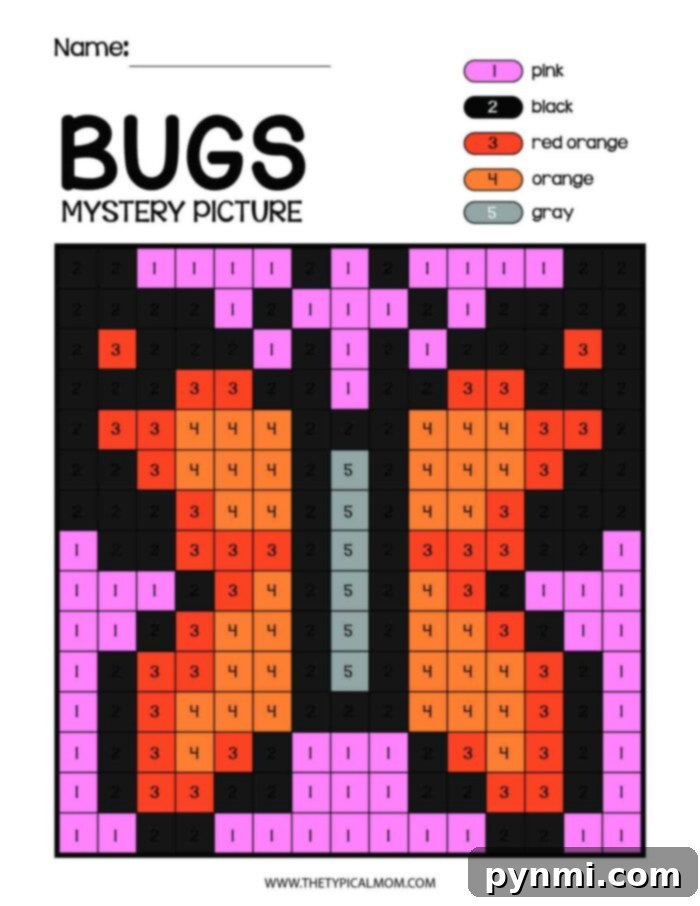 A color-by-number worksheet titled "Bugs Mystery Picture" features a grid filled with numbers and corresponding colors. The colors listed are pink (1), black (2), red orange (3), orange (4), and gray (5). Discover more Bugs and Insects Coloring Pages at www.thetopicalmom.com.