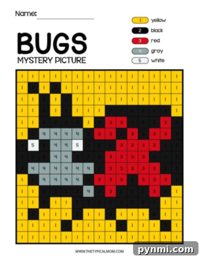 A color-by-number mystery picture titled "Bugs" features a grid with numbers 1 to 5. The color key shows yellow for 1, black for 2, red for 3, gray for 4, and white for 5. Part of the Bugs and Insects Coloring Pages series, it reveals a bug when completed. A blank name field is at the top.