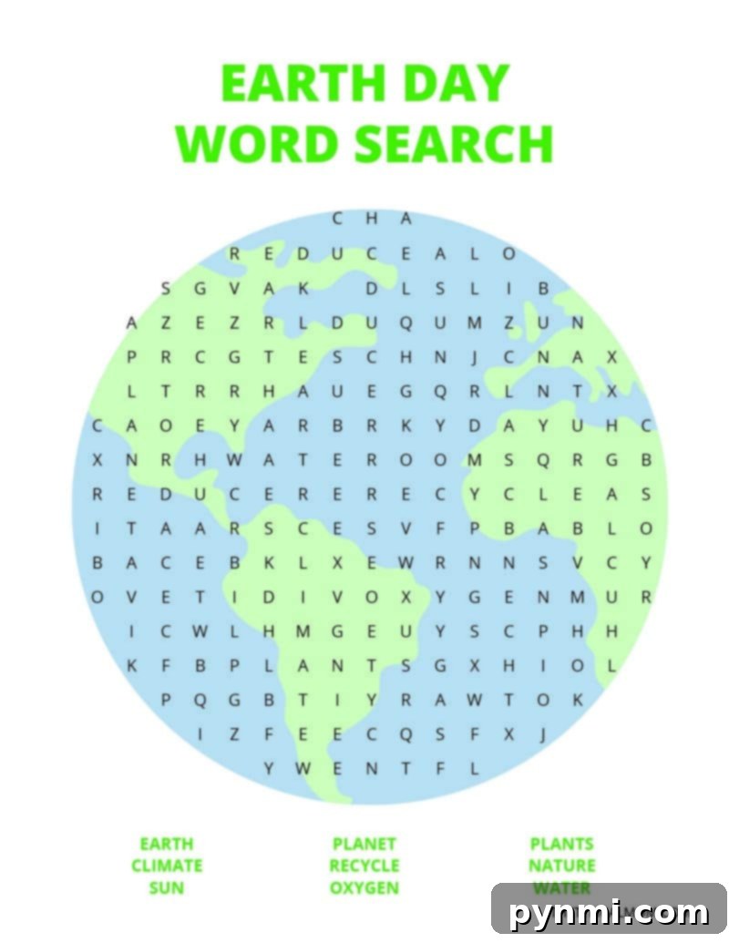 Printable Earth Day Word Search for Kids' Learning Fun An Earth Day themed word search puzzle for kids, promoting vocabulary and learning.