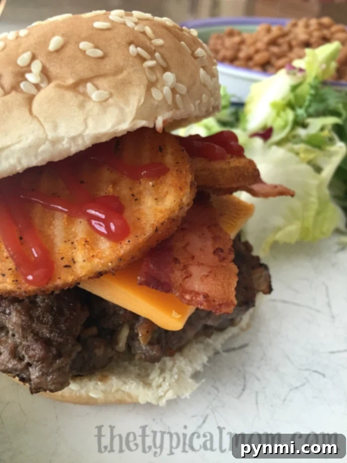 Supper Stories 2 Delicious homemade hamburger with fresh toppings, ready for a family dinner