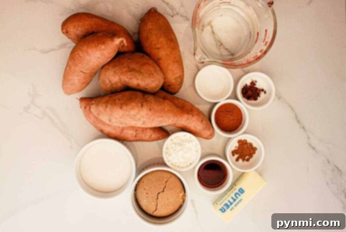 Crock-Pot Caramelized Sweet Potato Delight 3 A selection of ingredients for candied sweet potatoes including whole sweet potatoes, brown sugar, cinnamon, and butter.