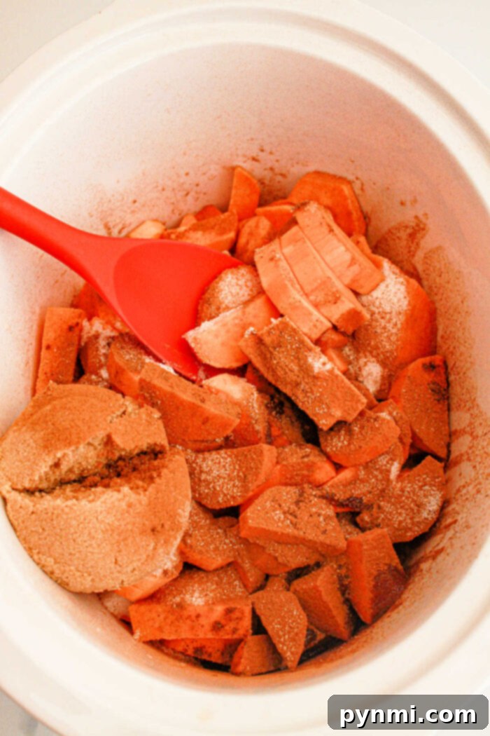 Crock-Pot Caramelized Sweet Potato Delight 4 Sliced raw sweet potatoes coated in a brown sugar and spice mixture, ready for slow cooking.
