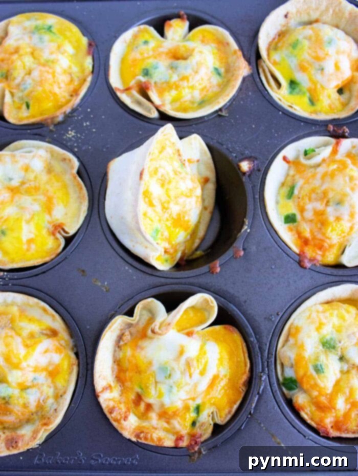 Light and Creamy Cottage Cheese Quiche 8 A muffin tin holds nine baked tortilla cups, each filled with a savory mixture resembling cottage cheese quiche. The golden-brown tops are adorned with melted cheese and finely diced green peppers. One cup appears to have slightly overflowed during baking, adding to the homemade charm. The 'Baker's Secret' brand is visible on the tin's bottom left.