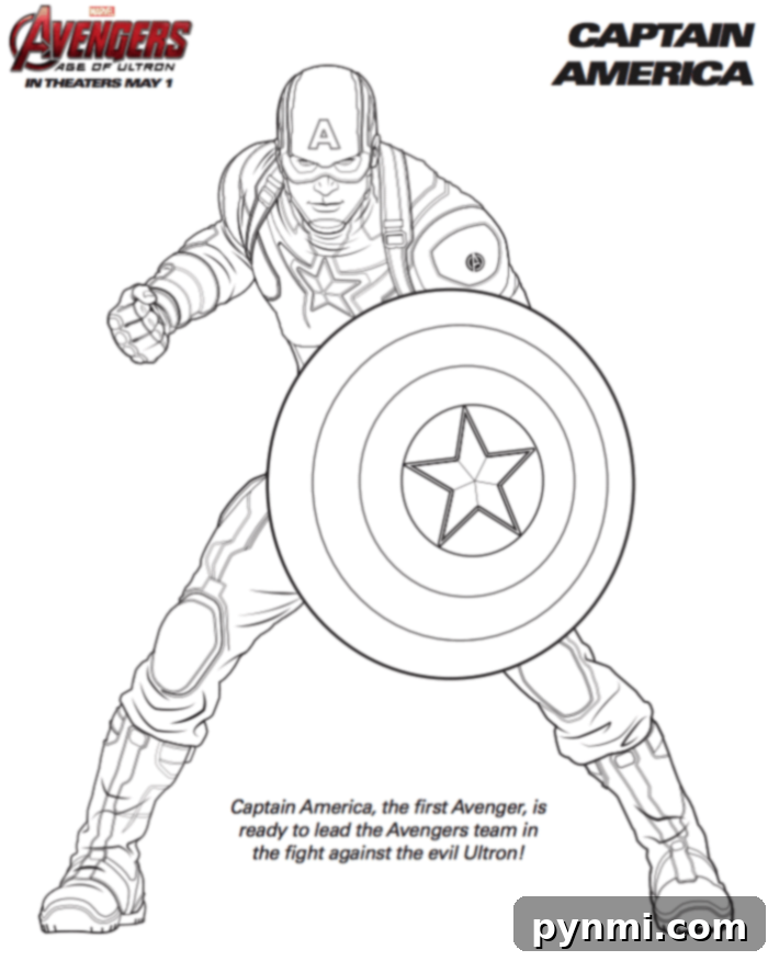 Epic Avengers Coloring Adventures 2 Captain America in a battle stance, holding his shield, with Avengers: Age of Ultron branding above—perfect for fans searching for free Marvel Avengers coloring pages.