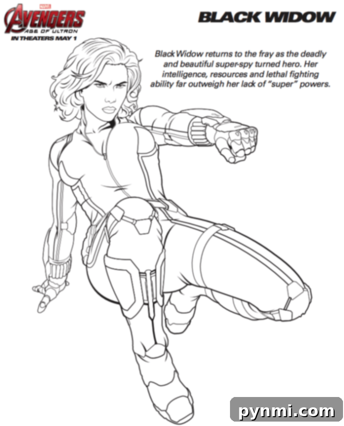 Epic Avengers Coloring Adventures 3 Black Widow in an action pose, wearing her superhero suit, fist extended and ready for battle—perfect for fans searching for free Marvel Avengers coloring pages.