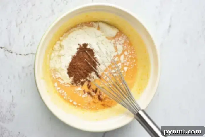 Pumpkin Perfection with Yellow Cake Mix 3 A mixing bowl contains a mixture of yellow liquid, likely beaten eggs, and a heap of dry ingredients, including flour and cocoa powder. A silver whisk is resting inside the bowl, positioned toward the right side. It looks like the beginnings of a pumpkin cake with yellow cake mix on a light-colored surface.