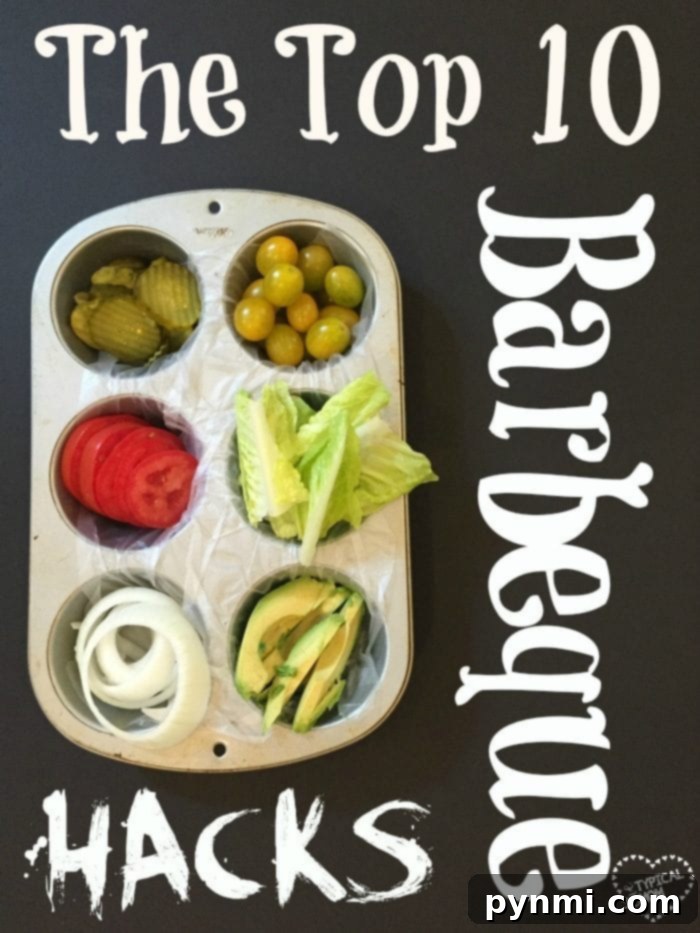 Top 10 Barbeque hacks that will make outdoor grilling easier and your party more fun! How to best clean your charcoal grill, tips on presenting side dishes and how to cook dessert on your bbq too! We love cooking outdoors with our Charbroil grill and smoker, here are our tricks to make the best food ever! #barbecue #bbq #hacks #tips #tricks #charcoal #smoker #charbroil #review Barbecue Hacks: Muffin Tin for Burger Toppings and Condiments