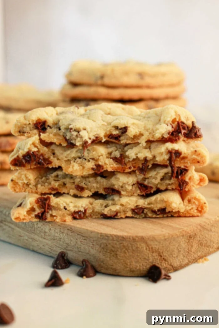 A stack of chocolate chip cookies made with pancake mix is halved and placed on a wooden board. The cookies are thick with visible chunks of melted chocolate. Some chocolate chips are scattered around the board, and more pancake mix cookies are stacked in the background.
