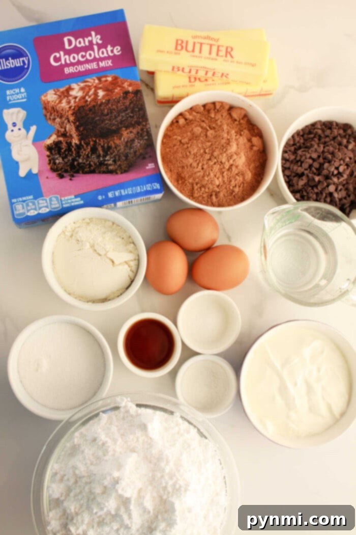 A vibrant flat lay showcases the essential ingredients for crafting a decadent brownie cake: farm-fresh eggs, creamy butter, rich chocolate chips, all-purpose flour, granulated sugar, aromatic vanilla extract, tangy Greek yogurt, and crystal-clear water, meticulously arranged on a rustic wooden table.