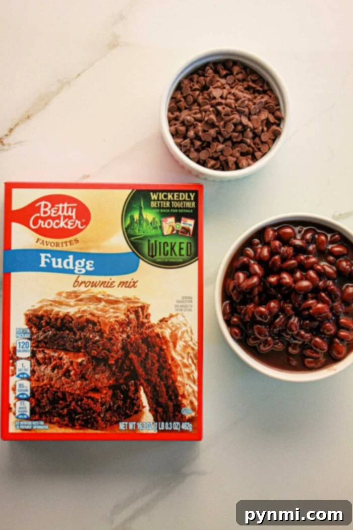 Secret Ingredient Chocolate Black Bean Brownies 3 A box of fudge brownie mix sits alongside bowls of chocolate chips and black beans, perfectly set up to create delicious black bean brownies with mix on a pristine white surface.
