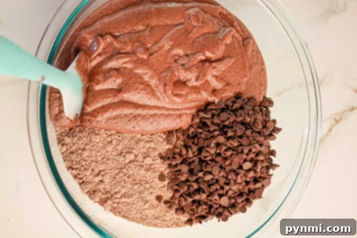 Secret Ingredient Chocolate Black Bean Brownies 4 A bowl of black bean brownies, featuring batter and dry mix studded with chocolate chips, is being expertly combined with a turquoise spatula.
