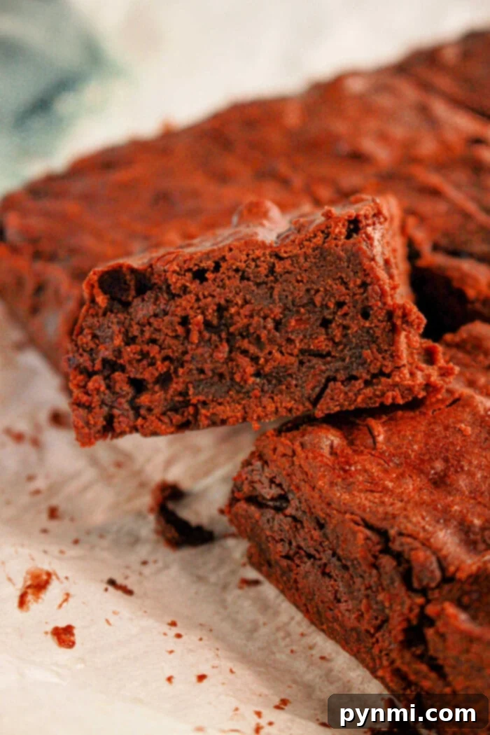 Secret Ingredient Chocolate Black Bean Brownies 6 Close-up of a rich black bean brownie with mix, showcasing its soft and dense texture, placed on parchment paper.