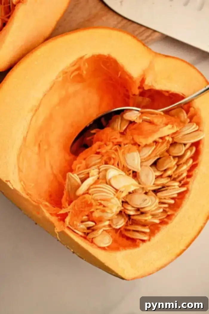 Crockpot Pumpkin Perfection 3 Close-up of a halved pumpkin with orange flesh, showing a spoon scooping out seeds from the center. The surface around the pumpkin appears to be a light-colored table. Picture preparing this for your next meal: pumpkin in slow cooker, complete with seeds and fibrous strands inside.