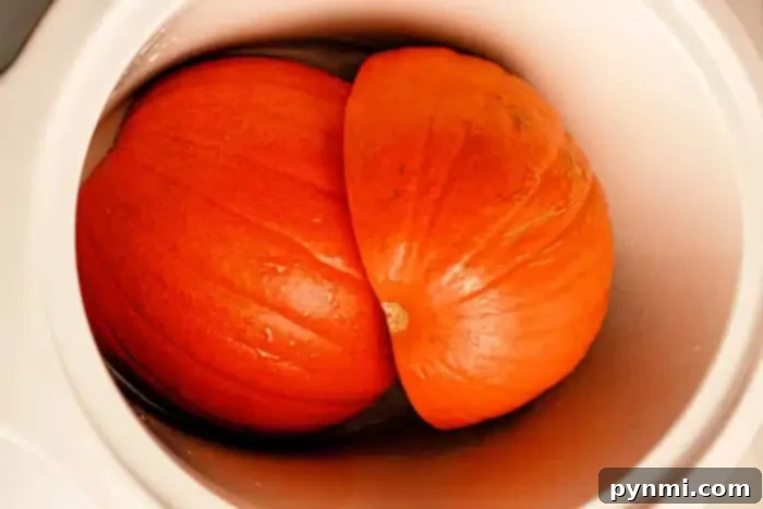 Crockpot Pumpkin Perfection 5 A Pumpkin in a Slow Cooker, cut in half with the two halves placed next to each other. The bright orange flesh of the pumpkin is visible, and there is slight moisture on the surface. The cooker has a white interior.