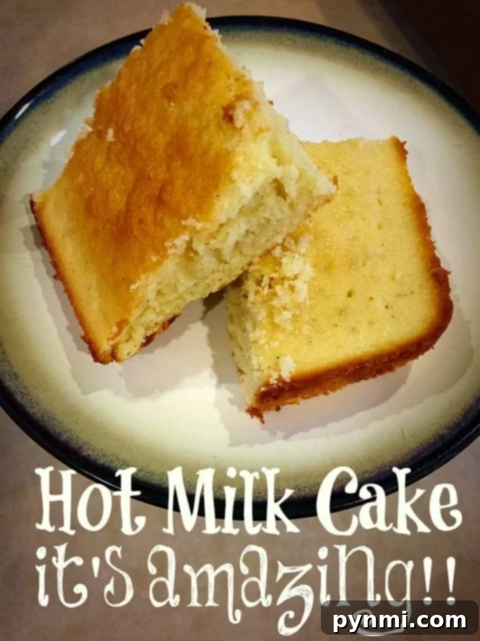 Here is an easy recipe for hot milk cake that is amazing and only needs a few ingredients. It's delicious as is and a great base for strawberry shortcake too! If you've never heard of milk cake it is a light cake that melts in your mouth and is simple to throw together for a simple dessert. #milk #cake Delicious old-fashioned hot milk cake, golden brown and ready to serve.