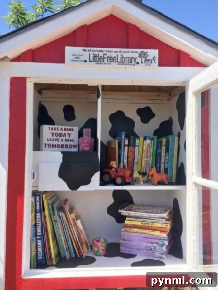 A charming wooden Little Free Library filled with books, encouraging community book exchange.