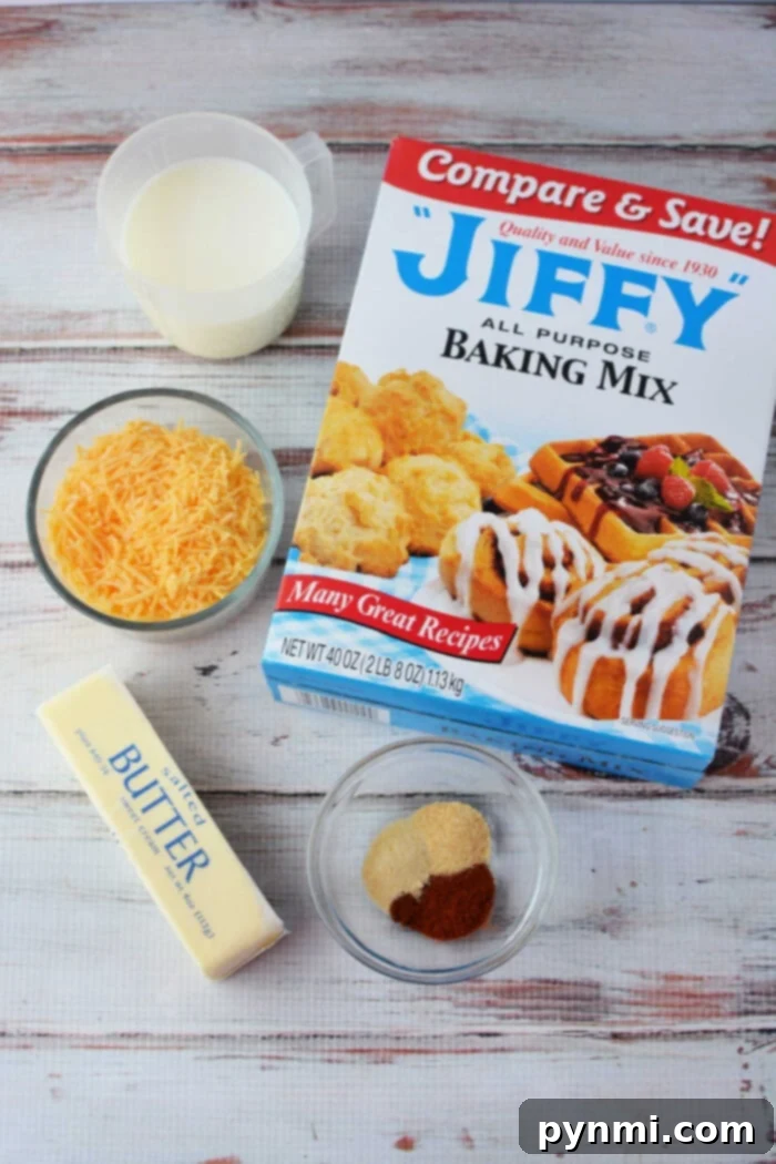 Easy Cheesy Jiffy Biscuits 3 A rustic spread featuring Jiffy Mix biscuits paired with milk, shredded cheese, butter, and spices on a wooden surface.