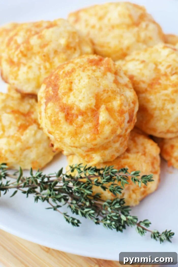 Easy Cheesy Jiffy Biscuits 8 Jiffy Mix cheddar biscuits stacked on a white plate with a sprig of thyme garnish.