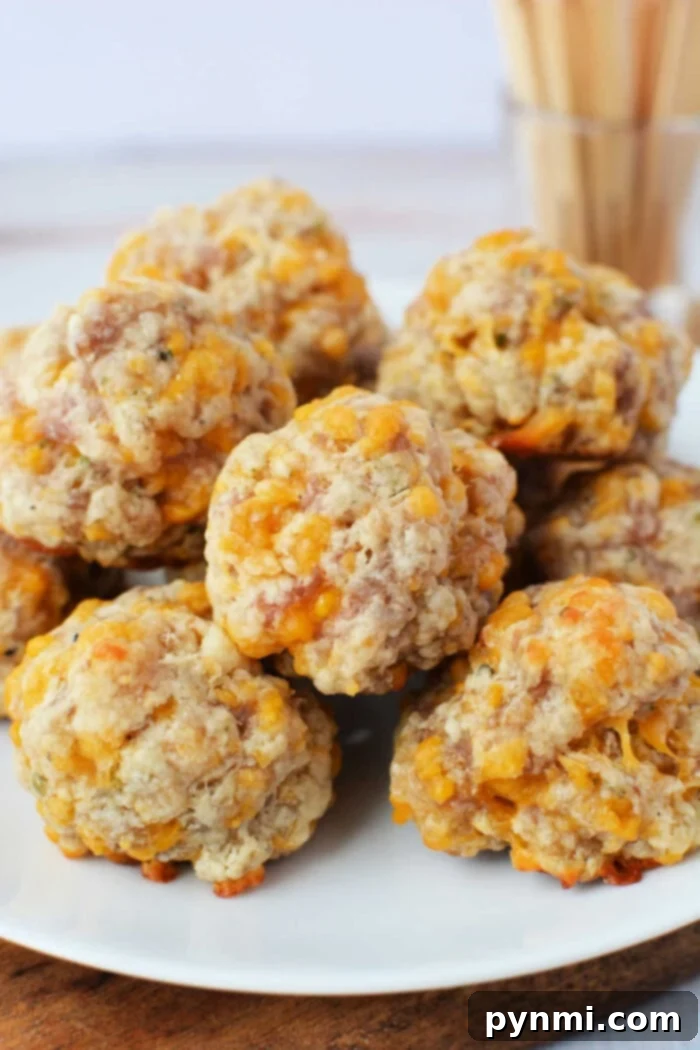 A generous pile of golden-brown, baked sausage balls made with cheese and biscuit mix, arranged invitingly on a white serving dish.