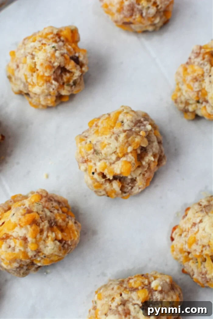 A close-up view of an array of golden-brown, cheesy sausage balls, meticulously crafted with Red Lobster Biscuit Mix, resting on a sheet of parchment paper, fresh from the oven.