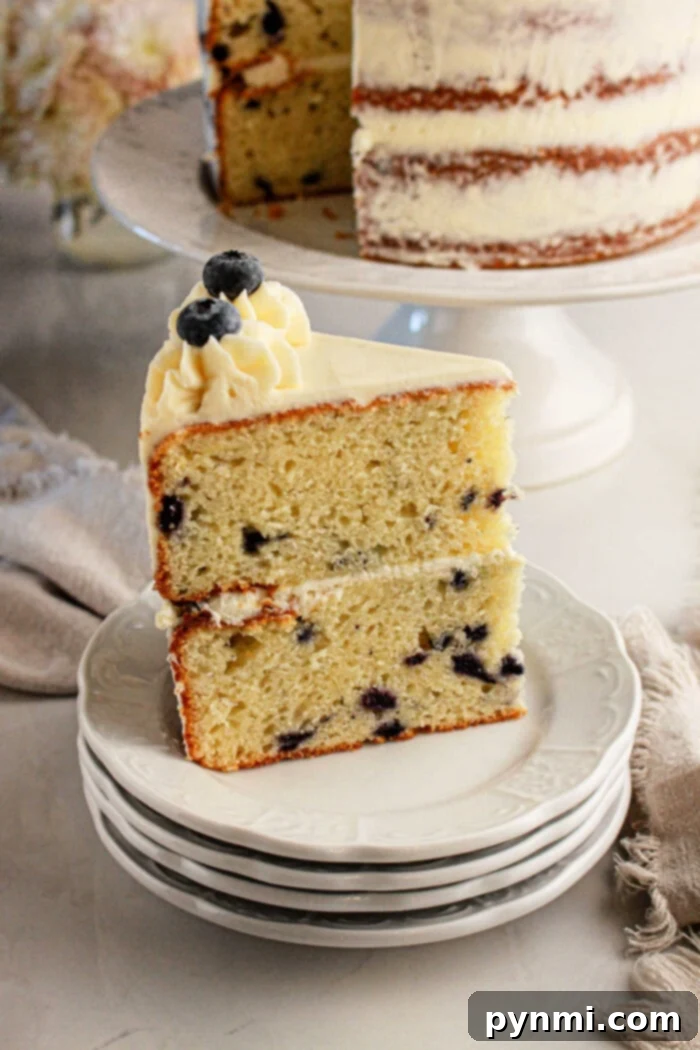 Easy Blueberry Muffin Cake 6 A delectable slice of blueberry cake made from muffin mix, generously adorned with creamy frosting and a scattering of plump, fresh blueberries, resting on stacked plates with a whole cake invitingly in the background.