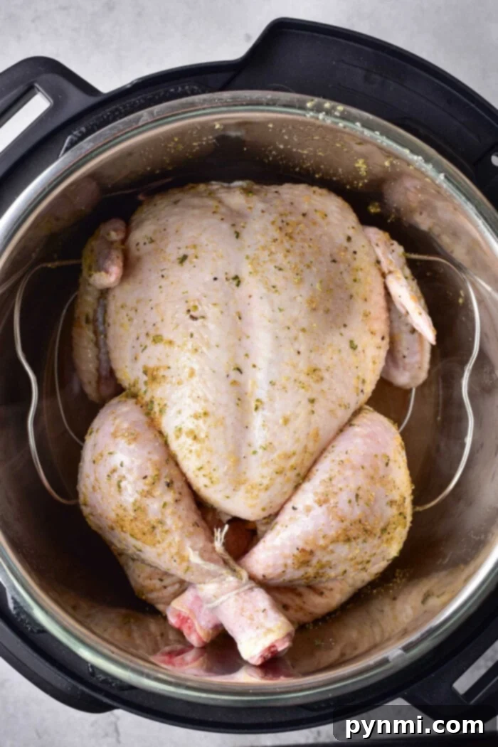 Instant Pot Hacks for Effortless Weekly Meal Prep 2 A whole uncooked chicken, generously seasoned with spices, rests inside a gleaming metal Instant Pot, ready for meal preparation. The pot is positioned on a clean gray surface, highlighting its efficiency for busy weeknight dinners and family meals.