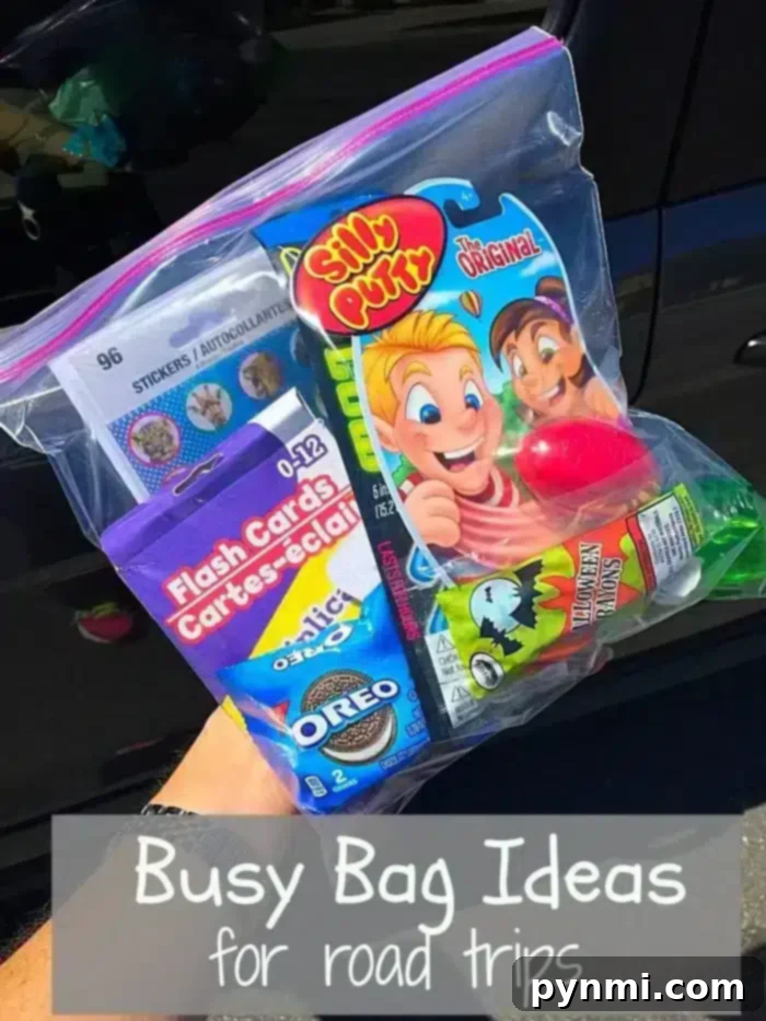 Road Trip Busy Bag Essentials: Silly Putty, Flashcards, Snacks & More A hand holds a clear ziplock bag brimming with road trip busy bag essentials like Silly Putty, flashcards, Oreo cookies, and a small juice pouch. The text on the image reads, "Busy Bag Ideas for road trips.
