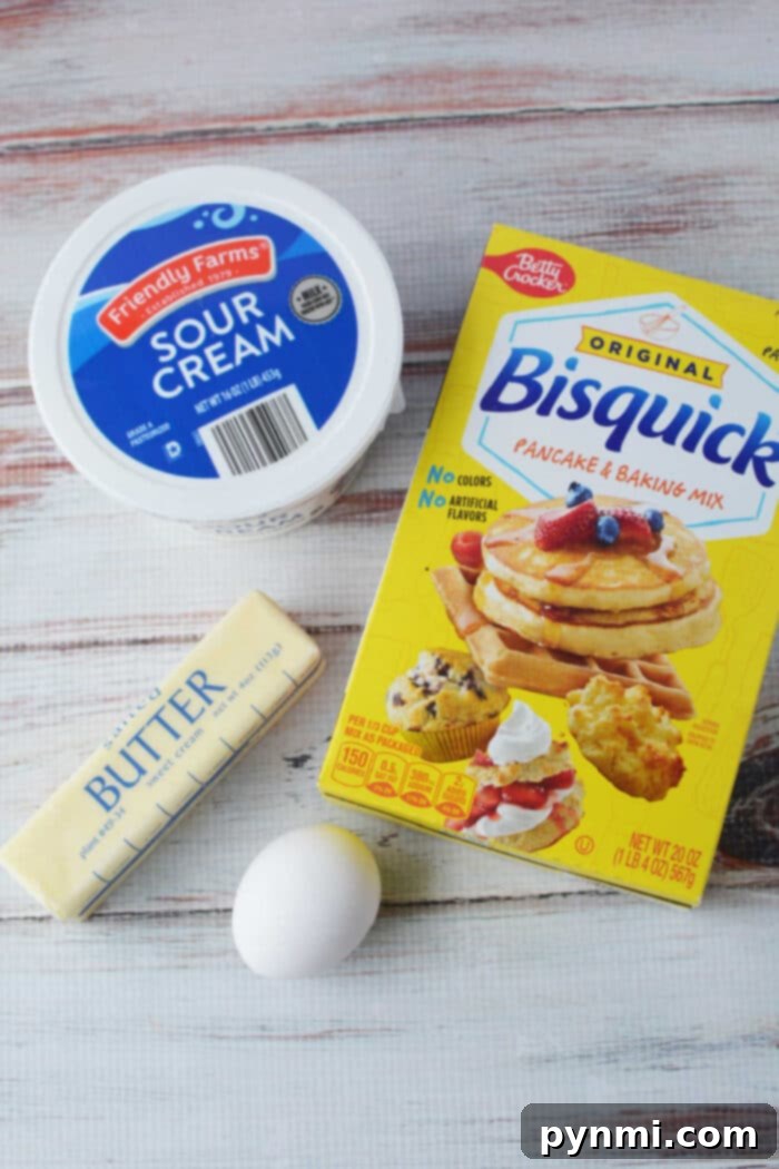 Ingredients for delicious Sour Cream Biscuits: Bisquick, sour cream, butter, and an egg.