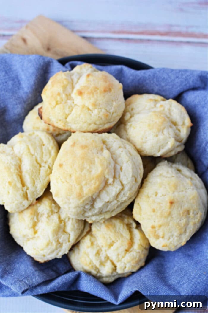 Golden, fluffy sour cream biscuits in a basket.