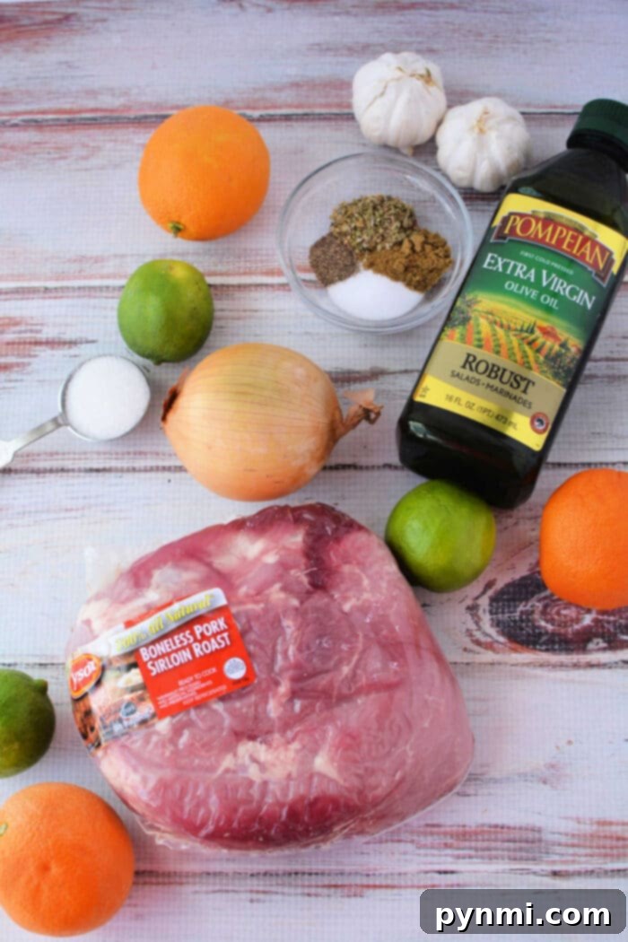 A delectable roast recipe awaits with ingredients like succulent pork, aromatic onions, zesty citrus fruits, spices, garlic, and olive oil elegantly arranged on a wooden surface.