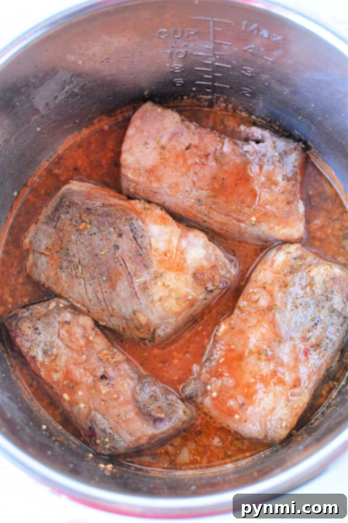 Tender beef ribs simmer in a rich red sauce inside a stainless steel pot, infusing each bite with mouthwatering flavor.