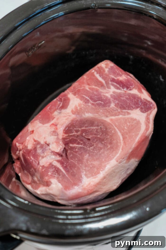 Two-Ingredient Pulled Pork Perfection 4 A large raw pork roast set inside a slow cooker, illustrating the simple starting point for an easy pulled pork recipe.