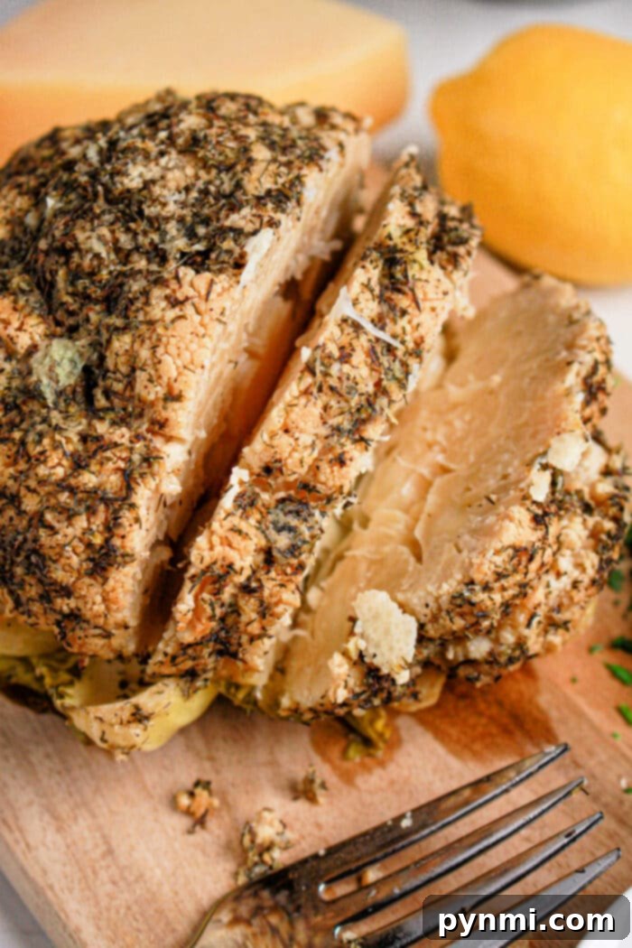 Perfectly Tender Whole Cauliflower Slow Cooker Edition 2 A whole cauliflower head with herbs, perfectly roasted and sliced on a wooden board, sits next to a lemon and fork. This delightful cauliflower recipe is as visually appealing as it is delicious.