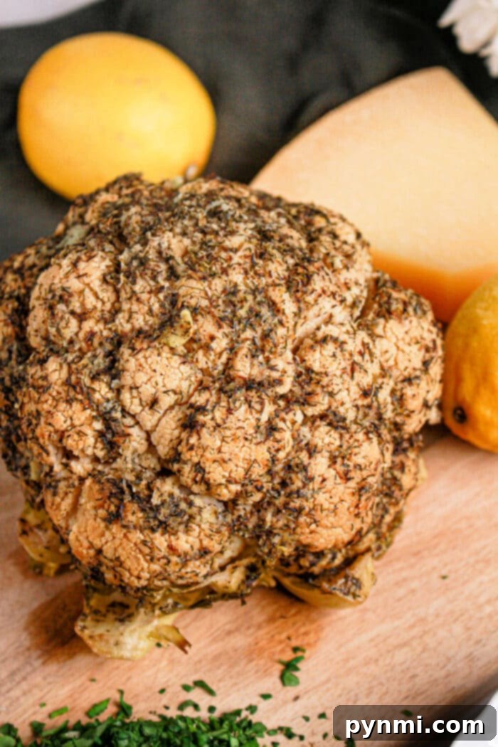 Perfectly Tender Whole Cauliflower Slow Cooker Edition 7 A whole roasted cauliflower, seasoned with herbs, sits on a wooden board surrounded by lemons and cheese. This delightful recipe showcases the versatility of this humble vegetable, perfect for savoring as is or prepared in a crock pot for tender perfection.