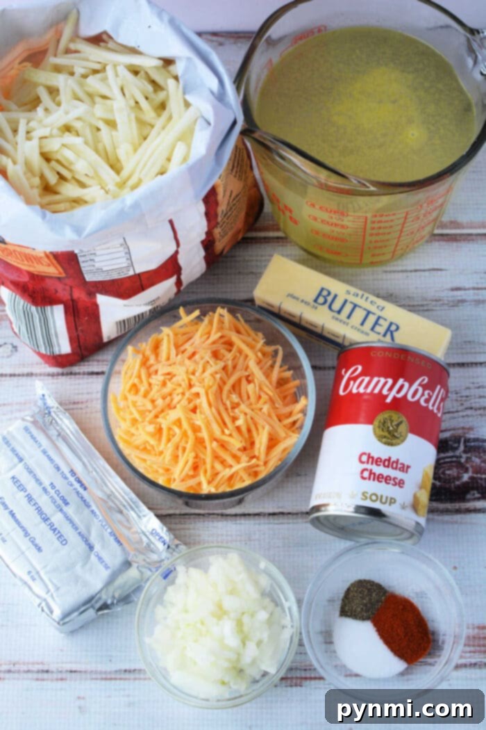 A vibrant display of ingredients essential for a rich and creamy Instant Pot potato soup: a bag of frozen shredded hash browns, a stick of butter, chicken broth, cream cheese, a can of cheddar cheese soup, diced onions, and a medley of spices.