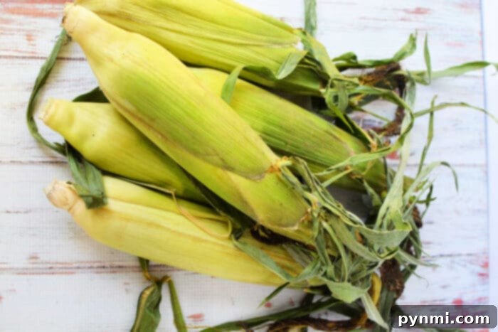 Fresh ears of corn with husks and leaves rest on a wooden surface, ready for oven cooking.